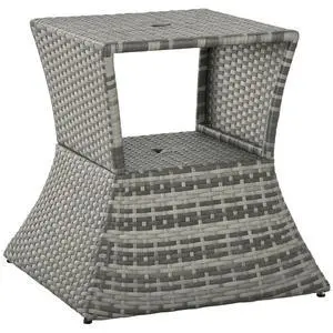 Outdoor Side Table with Umbrella Hole 2 Tier Wicker Mixed Gray | Rattan End Table, Storage Shelf, All Weather, Patio Garden Backyard Outdoor Side Table with Umbrella Hole 2 Tier Wicker Mixed Gray | Rattan End Table, Storage Shelf, All Weather, Patio Garden Backyard