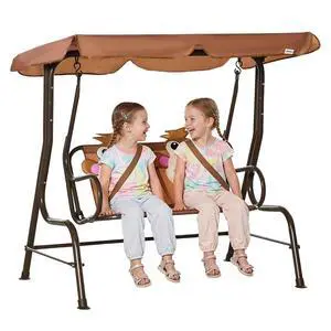 Kids Patio Swing 2-Seater Adjustable Canopy Safety Belt Coffee | Outdoor, Monkey Pattern Hanging Swing Bench, Garden Backyard Kids Patio Swing 2-Seater Adjustable Canopy Safety Belt Coffee | Outdoor, Monkey Pattern Hanging Swing Bench, Garden Backyard