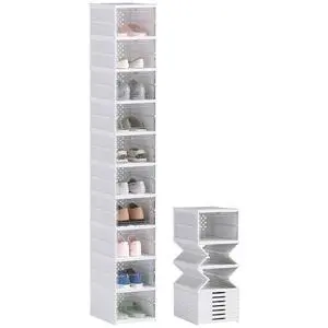 10 Pack Foldable Shoe Organizer Plastic Fit up to US Size 10 White | No Assembly, Stackable Shoe Storage Box, Clear Door, Space Saving 10 Pack Foldable Shoe Organizer Plastic Fit up to US Size 10 White | No Assembly, Stackable Shoe Storage Box, Clear Door, Space Saving