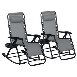 Set of 2 Outdoor Rocking Chairs Zero Gravity Lounge Rocker Gray | Foldable Reclining, Pillow Included, Cup & Phone Holder, Combo Design, Folding Legs Set of 2 Outdoor Rocking Chairs Zero Gravity Lounge Rocker Gray | Foldable Reclining, Pillow Included, Cup & Phone Holder, Combo Design, Folding Legs