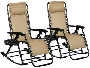Set of 2 Outdoor Rocking Chairs Zero Gravity Lounge Rocker Beige | Foldable Reclining, Pillow Included, Cup & Phone Holder, Combo Design, Folding Legs Set of 2 Outdoor Rocking Chairs Zero Gravity Lounge Rocker Beige | Foldable Reclining, Pillow Included, Cup & Phone Holder, Combo Design, Folding Legs