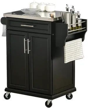 Kitchen Island on Wheels with Stainless Steel Countertop Black | Rolling Kitchen Cart, Drawer, Towel Rack and Spice Rack, Utility Storage Trolley Kitchen Island on Wheels with Stainless Steel Countertop Black | Rolling Kitchen Cart, Drawer, Towel Rack and Spice Rack, Utility Storage Trolley