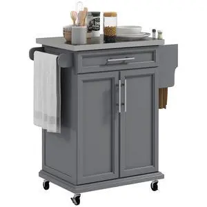 Kitchen Island on Wheels with Stainless Steel Countertop Gray | Rolling Kitchen Cart, Drawer, Towel Rack and Spice Rack, Utility Storage Trolley Kitchen Island on Wheels with Stainless Steel Countertop Gray | Rolling Kitchen Cart, Drawer, Towel Rack and Spice Rack, Utility Storage Trolley