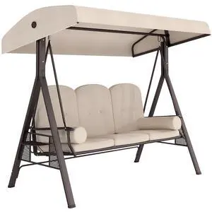 3-Seat Patio Swing Chair Adjustable Canopy Beige | Outdoor Porch Swing Glider, Removable Cushion, Pillows, Side Trays, Garden, Poolside, Backyard 3-Seat Patio Swing Chair Adjustable Canopy Beige | Outdoor Porch Swing Glider, Removable Cushion, Pillows, Side Trays, Garden, Poolside, Backyard