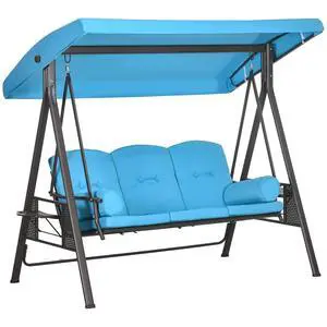 3-Seat Patio Swing Chair Adjustable Canopy Blue | Outdoor Porch Swing Glider, Removable Cushion, Pillows, Side Trays, Garden, Poolside, Backyard 3-Seat Patio Swing Chair Adjustable Canopy Blue | Outdoor Porch Swing Glider, Removable Cushion, Pillows, Side Trays, Garden, Poolside, Backyard
