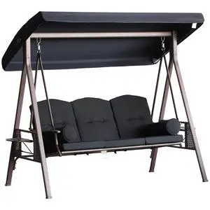 3-Seat Patio Swing Chair Adjustable Canopy Black | Outdoor Porch Swing Glider, Removable Cushion, Pillows, Side Trays, Garden, Poolside, Backyard 3-Seat Patio Swing Chair Adjustable Canopy Black | Outdoor Porch Swing Glider, Removable Cushion, Pillows, Side Trays, Garden, Poolside, Backyard