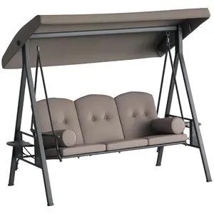 3-Seat Patio Swing Chair Adjustable Canopy Brown | Outdoor Porch Swing Glider, Removable Cushion, Pillows, Side Trays, Garden, Poolside, Backyard 3-Seat Patio Swing Chair Adjustable Canopy Brown | Outdoor Porch Swing Glider, Removable Cushion, Pillows, Side Trays, Garden, Poolside, Backyard