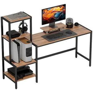 67" Gaming Desk Reversible Computer Desk for Home Office Brown | Monitor Stand, 4-Tier Storage Shelves 67" Gaming Desk Reversible Computer Desk for Home Office Brown | Monitor Stand, 4-Tier Storage Shelves