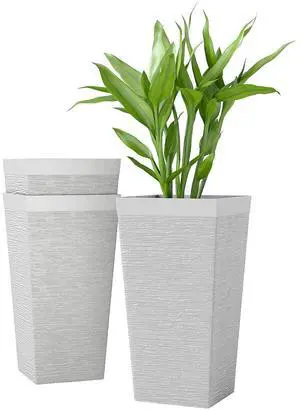 22.8 Inch Tall Planters for Outdoor Plants Set of 3, White | Wheels, Plastic Flower Pots, Stone Finish, Stackable Tapered Planters, Drainage Hole, Indoor Plants, Front Porch 22.8 Inch Tall Planters for Outdoor Plants Set of 3, White | Wheels, Plastic Flower Pots, Stone Finish, Stackable Tapered Planters, Drainage Hole, Indoor Plants, Front Porch