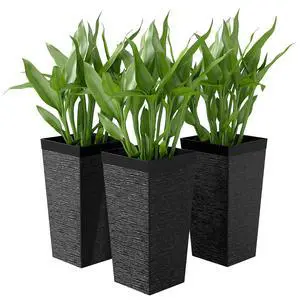 22.8 Inch Tall Planters for Outdoor Plants Set of 3, Black | Wheels, Plastic Flower Pots, Stone Finish, Stackable Tapered Planters, Drainage Hole, Indoor Plants, Front Porch 22.8 Inch Tall Planters for Outdoor Plants Set of 3, Black | Wheels, Plastic Flower Pots, Stone Finish, Stackable Tapered Planters, Drainage Hole, Indoor Plants, Front Porch