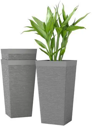 22.8 Inch Tall Planters for Outdoor Plants Set of 3, Gray | Wheels, Plastic Flower Pots, Stone Finish, Stackable Tapered Planters, Drainage Hole, Indoor Plants, Front Porch 22.8 Inch Tall Planters for Outdoor Plants Set of 3, Gray | Wheels, Plastic Flower Pots, Stone Finish, Stackable Tapered Planters, Drainage Hole, Indoor Plants, Front Porch