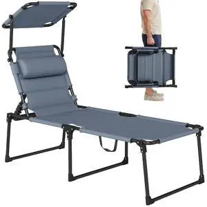 Outdoor Lounge Chair Adjustable Tanning Chair Gray | Folding Chaise Lounge, Cushioned, Sunshade Roof, Pillow Headrest, Patio, Beach, Camping, Hiking Outdoor Lounge Chair Adjustable Tanning Chair Gray | Folding Chaise Lounge, Cushioned, Sunshade Roof, Pillow Headrest, Patio, Beach, Camping, Hiking