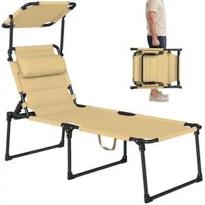 Outdoor Lounge Chair Adjustable Tanning Chair Cream White | Folding Chaise Lounge, Cushioned, Sunshade Roof, Pillow Headrest, Patio, Beach, Camping, Hiking Outdoor Lounge Chair Adjustable Tanning Chair Cream White | Folding Chaise Lounge, Cushioned, Sunshade Roof, Pillow Headrest, Patio, Beach, Camping, Hiking