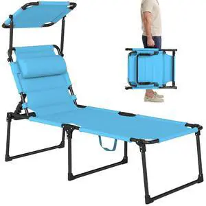 Outdoor Lounge Chair Adjustable Tanning Chair Light Blue | Folding Chaise Lounge, Cushioned, Sunshade Roof, Pillow Headrest, Patio, Beach, Camping, Hiking Outdoor Lounge Chair Adjustable Tanning Chair Light Blue | Folding Chaise Lounge, Cushioned, Sunshade Roof, Pillow Headrest, Patio, Beach, Camping, Hiking