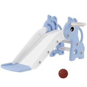 Qaba Toddler Slide with Climber, Basketball Hoop, Ball, Age 1-3 Y, Blue | Indoor Kids Slide, Giraffe Design, Freestanding Playground Equipment Qaba Toddler Slide with Climber, Basketball Hoop, Ball, Age 1-3 Y, Blue | Indoor Kids Slide, Giraffe Design, Freestanding Playground Equipment