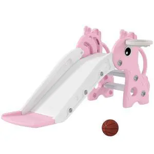 Qaba Toddler Slide with Climber, Basketball Hoop, Ball, Age 1-3 Y, Pink | Indoor Kids Slide, Giraffe Design, Freestanding Playground Equipment Qaba Toddler Slide with Climber, Basketball Hoop, Ball, Age 1-3 Y, Pink | Indoor Kids Slide, Giraffe Design, Freestanding Playground Equipment