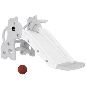 Qaba Toddler Slide with Climber, Basketball Hoop, Ball, Age 1-3 Y, Gray | Indoor Kids Slide, Giraffe Design, Freestanding Playground Equipment Qaba Toddler Slide with Climber, Basketball Hoop, Ball, Age 1-3 Y, Gray | Indoor Kids Slide, Giraffe Design, Freestanding Playground Equipment