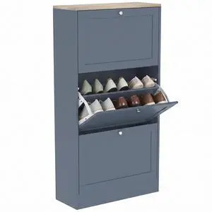 Shoe Storage Cabinet with 3 Flip Drawers, Adjustable Shelves, Blue | Wooden Freestanding Shoe Organizer, Narrow Design, Entryway, Hallway Shoe Storage Cabinet with 3 Flip Drawers, Adjustable Shelves, Blue | Wooden Freestanding Shoe Organizer, Narrow Design, Entryway, Hallway