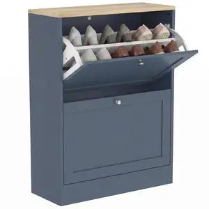 Shoe Storage Cabinet with 2 Flip Drawers, Entryway, Blue | Wooden Freestanding Shoe Organizer, Adjustable Shelves, Hallway Shoe Storage Cabinet with 2 Flip Drawers, Entryway, Blue | Wooden Freestanding Shoe Organizer, Adjustable Shelves, Hallway