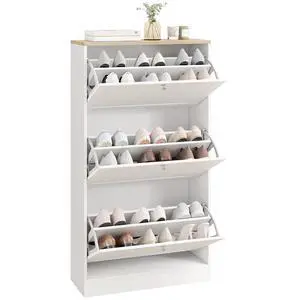 Shoe Storage Cabinet with 3 Flip Drawers, Adjustable Shelves, White | Wooden Freestanding Shoe Organizer, Narrow Design, Entryway, Hallway Shoe Storage Cabinet with 3 Flip Drawers, Adjustable Shelves, White | Wooden Freestanding Shoe Organizer, Narrow Design, Entryway, Hallway