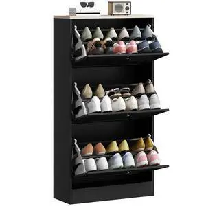 Shoe Cabinet with 3 Flip Drawers, Narrow Slim Shoe Rack, Black | Freestanding, Storage Cabinet, for Entryway, Hallway Shoe Cabinet with 3 Flip Drawers, Narrow Slim Shoe Rack, Black | Freestanding, Storage Cabinet, for Entryway, Hallway