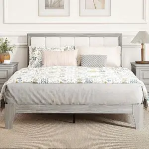Full Size Bed Frame, Upholstered Headboard, Wooden Slats, Gray | Platform Bed Frame, No Box Spring Needed, Easy Assembly Full Size Bed Frame, Upholstered Headboard, Wooden Slats, Gray | Platform Bed Frame, No Box Spring Needed, Easy Assembly
