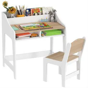Qaba Kids Desk and Chair Set Study Desk for Children Storage Natural Wood | Shelves, Wooden Children Writing Table, Bedroom Qaba Kids Desk and Chair Set Study Desk for Children Storage Natural Wood | Shelves, Wooden Children Writing Table, Bedroom