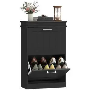 Narrow Shoe Cabinet with 2 Flip Drawers, Modern, for Entryway, Black | Freestanding Small Shoe Storage Cabinet, Adjustable Shelves, Hallway Narrow Shoe Cabinet with 2 Flip Drawers, Modern, for Entryway, Black | Freestanding Small Shoe Storage Cabinet, Adjustable Shelves, Hallway