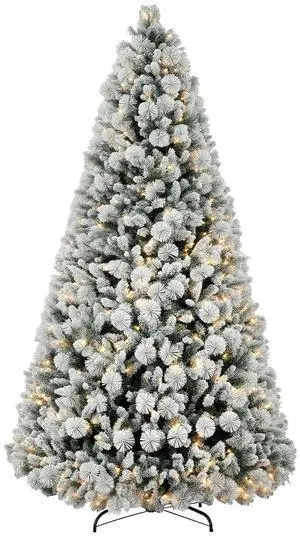 9 ft Artificial Prelit Christmas Tree with Realistic Fraser Fir | 750 UL Listed Clear Lights, 2387 Tips, Full Snow Flocked Christmas Tree, Hinged Xmas, for Home Office Holiday 9 ft Artificial Prelit Christmas Tree with Realistic Fraser Fir | 750 UL Listed Clear Lights, 2387 Tips, Full Snow Flocked Christmas Tree, Hinged Xmas, for Home Office Holiday