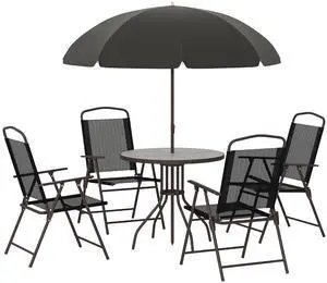 6 Piece Outdoor Patio Dining Set for 4 with Umbrella Black/Coffee | Patio Table and Chairs Set, 4 Folding Dining Chairs, Round Glass Table, Garden Backyard Poolside 6 Piece Outdoor Patio Dining Set for 4 with Umbrella Black/Coffee | Patio Table and Chairs Set, 4 Folding Dining Chairs, Round Glass Table, Garden Backyard Poolside