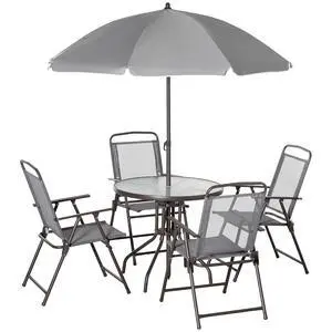 6 Piece Outdoor Patio Dining Set for 4 with Umbrella Gray | Patio Table and Chairs Set, 4 Folding Dining Chairs, Round Glass Table, Garden Backyard Poolside 6 Piece Outdoor Patio Dining Set for 4 with Umbrella Gray | Patio Table and Chairs Set, 4 Folding Dining Chairs, Round Glass Table, Garden Backyard Poolside