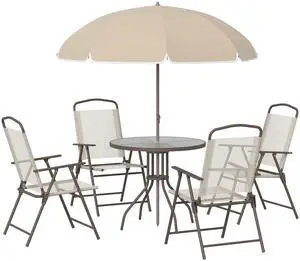 6 Piece Patio Dining Set for 4 with Umbrella, Beige | Outdoor Table and Chairs, Patio Furniture Set, 4 Folding Dining Chairs, Round Glass Table, Garden Backyard Poolside 6 Piece Patio Dining Set for 4 with Umbrella, Beige | Outdoor Table and Chairs, Patio Furniture Set, 4 Folding Dining Chairs, Round Glass Table, Garden Backyard Poolside