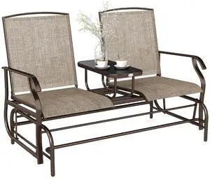 Outdoor Glider Bench with Center Table Metal Frame Armrests Brown | Patio Loveseat, Breathable Mesh Fabric, for Backyard Garden Porch Outdoor Glider Bench with Center Table Metal Frame Armrests Brown | Patio Loveseat, Breathable Mesh Fabric, for Backyard Garden Porch
