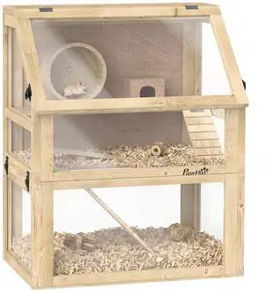 PawHut Wooden Hamster Cage 3 Tier for Dwarf Gerbil 24"x16"x29.5" Natural | Small Animal Cage, Detachable 12.6" Deep Bottom, Hut, Seesaw, Exercise Wheel, Ramps, Hamster Habitat PawHut Wooden Hamster Cage 3 Tier for Dwarf Gerbil 24"x16"x29.5" Natural | Small Animal Cage, Detachable 12.6" Deep Bottom, Hut, Seesaw, Exercise Wheel, Ramps, Hamster Habitat