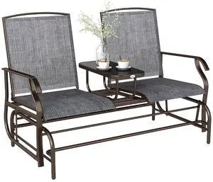 Outdoor Glider Bench with Center Table Metal Frame Armrests Gray | Patio Loveseat, Breathable Mesh Fabric, for Backyard Garden Porch Outdoor Glider Bench with Center Table Metal Frame Armrests Gray | Patio Loveseat, Breathable Mesh Fabric, for Backyard Garden Porch