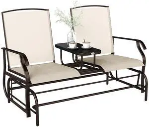 Outdoor Glider Bench with Center Table Metal Frame Armrests Beige | Patio Loveseat, Breathable Mesh Fabric, for Backyard Garden Porch Outdoor Glider Bench with Center Table Metal Frame Armrests Beige | Patio Loveseat, Breathable Mesh Fabric, for Backyard Garden Porch