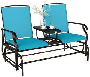 Outdoor Glider Bench with Center Table Metal Frame Armrests Blue | Patio Loveseat, Breathable Mesh Fabric, for Backyard Garden Porch Outdoor Glider Bench with Center Table Metal Frame Armrests Blue | Patio Loveseat, Breathable Mesh Fabric, for Backyard Garden Porch