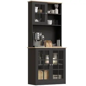 Kitchen Pantry Storage Cabinet 72" with Hutch, Black | Large Countertop, Freestanding, Glass Doors, Adjustable Shelves, Dining Room Kitchen Pantry Storage Cabinet 72" with Hutch, Black | Large Countertop, Freestanding, Glass Doors, Adjustable Shelves, Dining Room