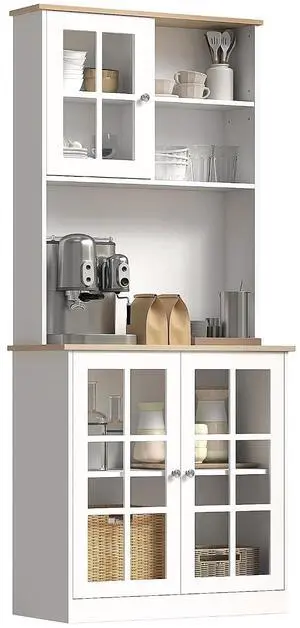 Kitchen Pantry Storage Cabinet 72" with Hutch, Off White | Large Countertop, Freestanding, Glass Doors, Adjustable Shelves, Dining Room Kitchen Pantry Storage Cabinet 72" with Hutch, Off White | Large Countertop, Freestanding, Glass Doors, Adjustable Shelves, Dining Room