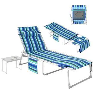 Tanning Chair with Face Hole Oxford Fabric Blue Stripe | Side Table, Folding, 5-Position Reclining, Chaise Lounge Chair, Outdoor Lounger Recliner, Carry Straps, Beach Pool Camp Tanning Chair with Face Hole Oxford Fabric Blue Stripe | Side Table, Folding, 5-Position Reclining, Chaise Lounge Chair, Outdoor Lounger Recliner, Carry Straps, Beach Pool Camp