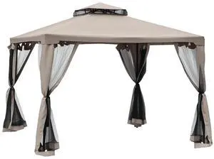 9.6' x 9.6' Patio Gazebo Outdoor Canopy with Netting Taupe | Shelter, 2-Tier Roof, Steel Frame, for Garden, Lawn, Backyard, Deck 9.6' x 9.6' Patio Gazebo Outdoor Canopy with Netting Taupe | Shelter, 2-Tier Roof, Steel Frame, for Garden, Lawn, Backyard, Deck