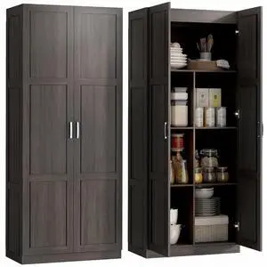 71" Tall Kitchen Pantry Cabinet with 4 Adjustable Shelves Espresso | Large Multipurpose Storage Cabinet, Modern Farmhouse Freestanding Food Pantry, Framed Doors, Soft-Close Hinges 71" Tall Kitchen Pantry Cabinet with 4 Adjustable Shelves Espresso | Large Multipurpose Storage Cabinet, Modern Farmhouse Freestanding Food Pantry, Framed Doors, Soft-Close Hinges