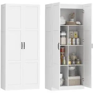 71" Tall Kitchen Pantry Cabinet with 4 Adjustable Shelves White | Large Multipurpose Storage Cabinet, Modern Farmhouse Freestanding Food Pantry, Framed Doors, Soft-Close Hinges 71" Tall Kitchen Pantry Cabinet with 4 Adjustable Shelves White | Large Multipurpose Storage Cabinet, Modern Farmhouse Freestanding Food Pantry, Framed Doors, Soft-Close Hinges