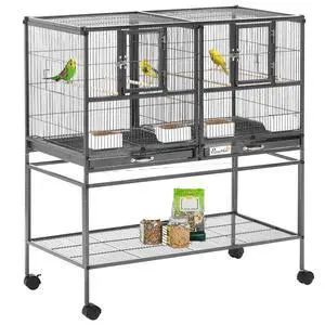 PawHut Divided Breeder Bird Cage with Rolling Stand Removable Metal Tray | Storage Shelf, Wood Perch, Food Container PawHut Divided Breeder Bird Cage with Rolling Stand Removable Metal Tray | Storage Shelf, Wood Perch, Food Container