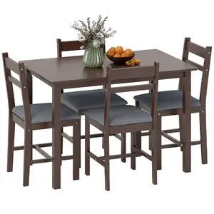 5-Piece Solid Wood Dining Table Set for 4, Walnut and Gray | Farmhouse Kitchen Table, Upholstered Chairs, Small Space, Dining Room, Breakfast Nook 5-Piece Solid Wood Dining Table Set for 4, Walnut and Gray | Farmhouse Kitchen Table, Upholstered Chairs, Small Space, Dining Room, Breakfast Nook