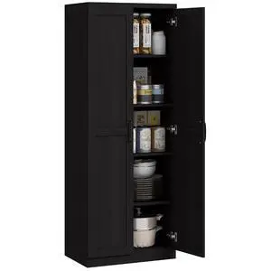 63" 2-Door Kitchen Pantry 5-Tier Black Wood Grain | Freestanding Storage Cabinet, Shelving, 2 Adjustable Shelves, for Dining Room 63" 2-Door Kitchen Pantry 5-Tier Black Wood Grain | Freestanding Storage Cabinet, Shelving, 2 Adjustable Shelves, for Dining Room