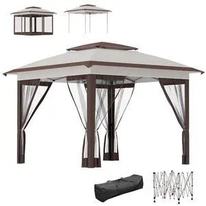12' x 12' Pop Up Canopy Tent w/Netting and Carry Bag, Beige/Brown | Instant Sun Shelter, 137 sq.ft Shade, Tents for Parties, Height Adjustable, for Outdoor, Garden, Patio 12' x 12' Pop Up Canopy Tent w/Netting and Carry Bag, Beige/Brown | Instant Sun Shelter, 137 sq.ft Shade, Tents for Parties, Height Adjustable, for Outdoor, Garden, Patio