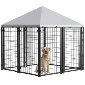 PawHut 4.7' x 4.7' x 5.1' Outdoor Dog Kennel Outside Run S&M Breeds Silver | Welded Wire Dog Kennel, Waterproof & UV Resistant Cover, for Chickens, Ducks PawHut 4.7' x 4.7' x 5.1' Outdoor Dog Kennel Outside Run S&M Breeds Silver | Welded Wire Dog Kennel, Waterproof & UV Resistant Cover, for Chickens, Ducks