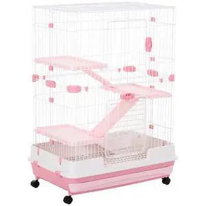 PawHut 4-Level Small Animal Cage Rabbit Hutch with Wheels for Bunny Pink | Removable Tray, Platform and Ramp, for Chinchillas, Ferret PawHut 4-Level Small Animal Cage Rabbit Hutch with Wheels for Bunny Pink | Removable Tray, Platform and Ramp, for Chinchillas, Ferret