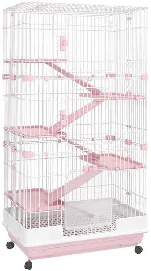 PawHut 6-Level Small Animal Cage Rabbit Hutch with Wheels for Bunny Pink | Removable Tray, Platform and Ramp, for Chinchillas, Ferret PawHut 6-Level Small Animal Cage Rabbit Hutch with Wheels for Bunny Pink | Removable Tray, Platform and Ramp, for Chinchillas, Ferret